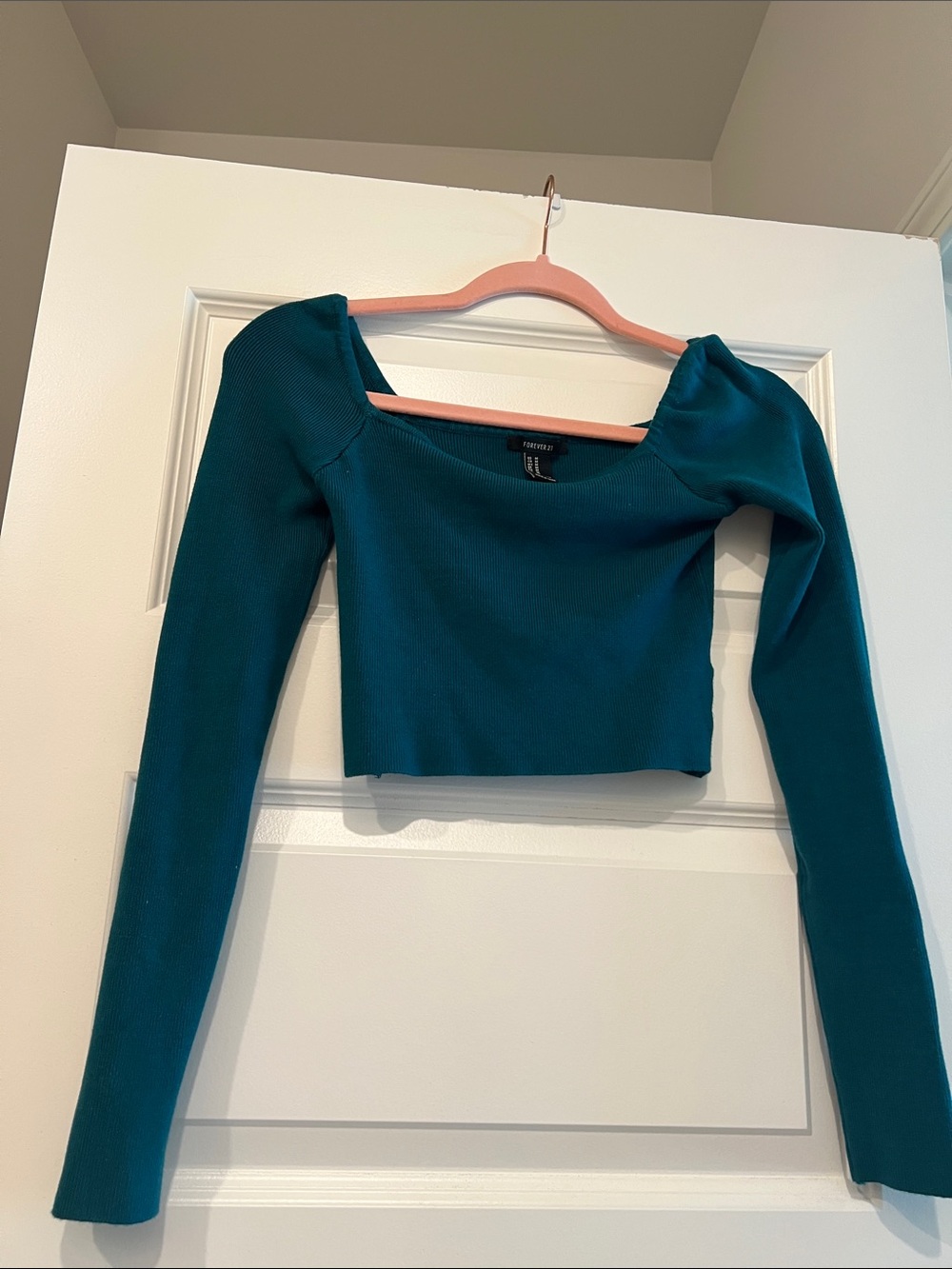 Forever 21 Teal Long-Sleeve Square Neck Cropped Top